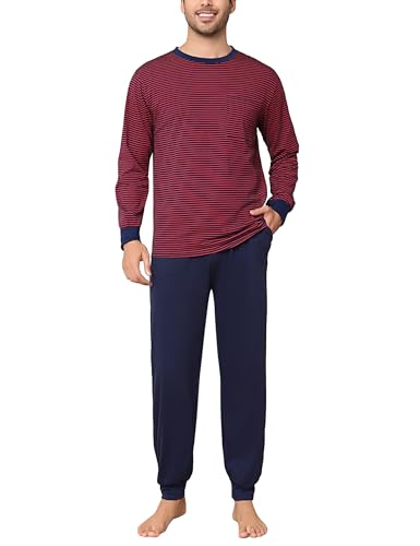 Aseniza Pyjamas Herren Lang Schlafanzug Baumwolle Bündchen Winter Pyjama Set mit geringeltem Langarmshirt und Schlafanzughose für Männer rot,S von Aseniza