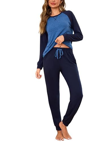 Aseniza Schlafanzüge für Damen Lang Pyjama Damen Baumwolle 2 Teiler Schlafanzugoberteile Pyjamahose Weicher Sleepwear Dunkelblau S von Aseniza