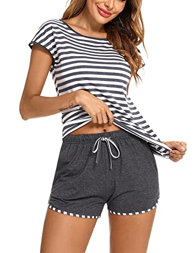 Aseniza Schlafanzug Damen Kurz Baumwolle Pyjama Set Rundhals Zweiteiliger Nachtwäsche Shorty Loungewear Sleepwear für Sommer,F-Grau,L von Aseniza