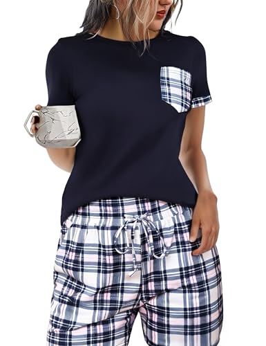 Aseniza Schlafanzug Damen Kurz Baumwolle Shorty Pyjama Set Rundhals Zweiteiliger NachtwäSche Loungewear Frauen Karierter Druck Sleepwear Hausanzug für Sommer von Aseniza