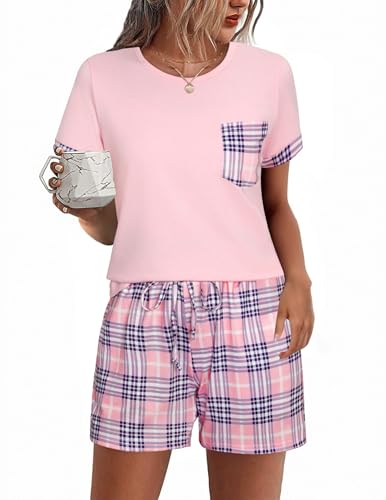 Aseniza Schlafanzug Damen Kurz Baumwolle Shorty Pyjama Set Rundhals Zweiteiliger NachtwäSche Loungewear Frauen Karierter Druck Sleepwear Hausanzug für Sommer von Aseniza