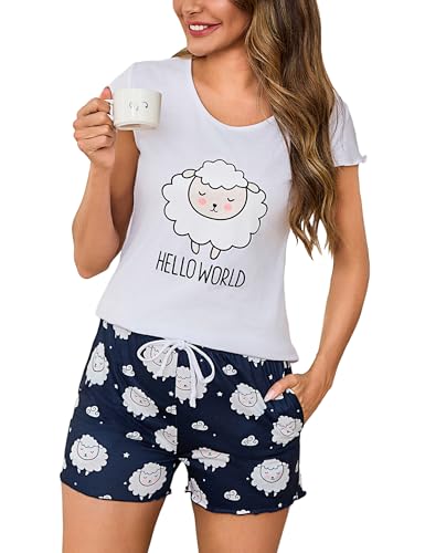 Aseniza Schlafanzug Damen Kurz Pyjama Set Rundhals Baumwolle Nachtwäsche Shorty Loungewear Sleepwear für Sommer von Aseniza