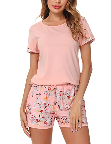 Aseniza Schlafanzug Damen Kurz Baumwolle Pyjama Set Rundhals Zweiteiliger Nachtwäsche Shorty Loungewear Sleepwear für Sommer,Rosa-1272,L von Aseniza