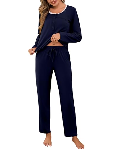 Aseniza Pyjama Damen Schlafanzug Lang Baumwolle Winter Set Schlafanzüge für Damen Hausanzug Kuschelig Pijamas Teenager Mädchen Nachtwäsche mit Bündchen Warmer Schlafanzughose, S von Aseniza