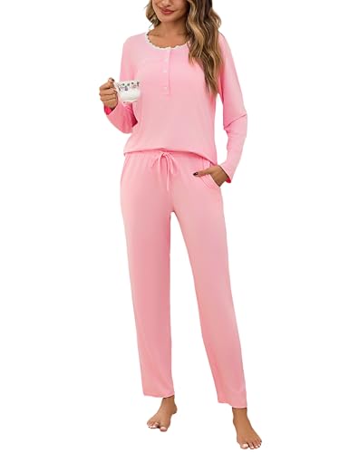 Aseniza Schlafanzug Damen Lang Baumwolle Pyjama Set Langarm Pijamas Hausanzug Winter Kuschelig Teenager Mädchen Nachtwäsche Zweiteiliger Damenschlafanzug mit Spitze Herbst Winter Loungewear Rosa, XL von Aseniza