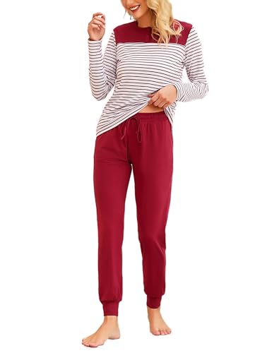 Aseniza Pyjama Damen Lang Schlafanzug Baumwolle Winter Pyjama Set Rundhals Sleepwear Hausanzug mit Bündchen rot von Aseniza