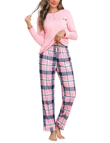 Aseniza Schlafanzug Damen Lang Pyjama Baumwolle Winter Nachtwäsche Karierte Rundhals Pyjama Set Zweiteilige Schlafanzüge von Aseniza