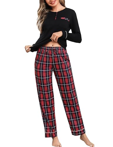 Aseniza Schlafanzug Damen Lang Pyjama Baumwolle Winter Nachtwäsche Karierte Rundhals Pyjama Set Zweiteilige Schlafanzüge von Aseniza