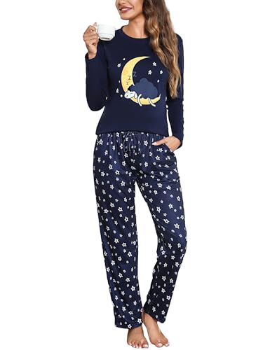 Aseniza Schlafanzug Damen Lang Pyjama Set Baumwolle Langarm Nachtwäsche Loungewear Zweiteiliger Frauen Schlafanzüge Sleepwear für Winter Blau, L von Aseniza
