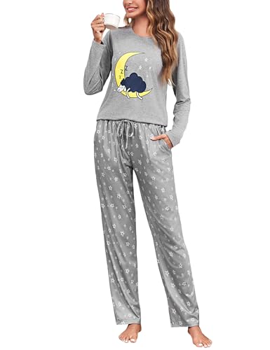 Aseniza Schlafanzug Damen Lang Pyjama Set Baumwolle Langarm Nachtwäsche Loungewear Zweiteiliger Frauen Schlafanzüge Sleepwear für Winter Grau, M von Aseniza
