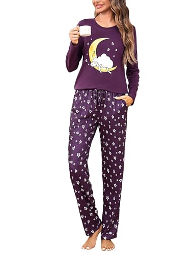 Aseniza Schlafanzug Damen Lang Pyjama Set Baumwolle Langarm Nachtwäsche Loungewear Zweiteiliger Frauen Schlafanzüge Sleepwear für Winter Lila, XXL von Aseniza