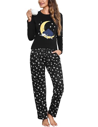 Aseniza Schlafanzug Damen Lang Pyjama Set Baumwolle Langarm Nachtwäsche Loungewear Zweiteiliger Frauen Schlafanzüge Sleepwear für Winter Schwarz, XXL von Aseniza