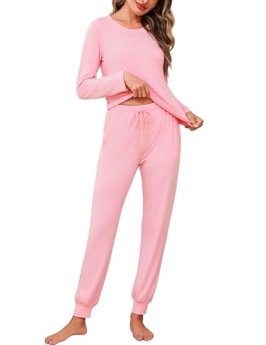 Aseniza Schlafanzüge für Damen Lang Schlafanzug Pyjama Set Baumwolle Winter Warmer Kuschelig Teenager Mädchen Pijamas Zweiteiliger Hausanzug Nachtwäsche Einfarbig Schlafanzughosen Rosa L von Aseniza