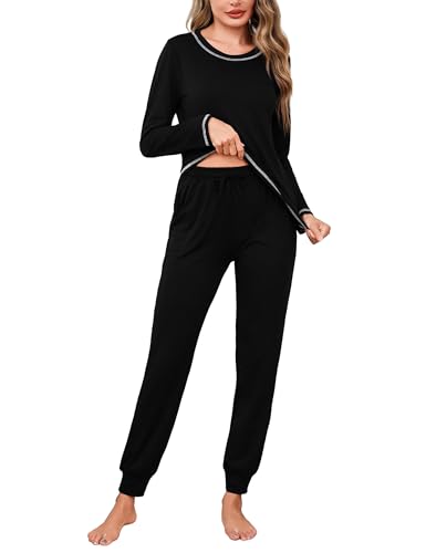 Aseniza Schlafanzug Damen Lang Pyjama Set Baumwolle Langarm Schlafanzüge für Damen Winter Pijamas Hausanzug Zweiteiliger Kuschelig Teenager Mädchen Nachtwäsche Einfarbig Schwarz S von Aseniza