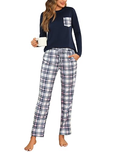 Aseniza Schlafanzug Damen Lang Pyjama Set Baumwolle Nachtwäsche Winter Zweiteiliger Schlafanzüge Hausanzug mit Karierte Hose Dunkelblau, XL von Aseniza