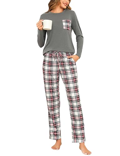 Aseniza Schlafanzug Damen Lang Pyjama Set Baumwolle Nachtwäsche Winter Zweiteiliger Schlafanzüge Hausanzug mit Karierte Hose Dunkelgrau, XL von Aseniza