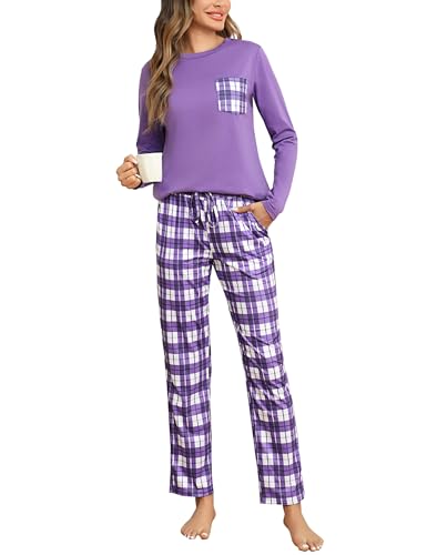 Aseniza Schlafanzug Damen Lang Pyjama Set Baumwolle Nachtwäsche Winter Zweiteiliger Schlafanzüge Hausanzug mit Karierte Hose Lila, XL von Aseniza