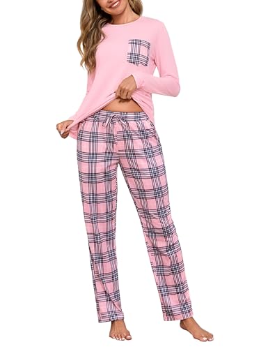 Aseniza Schlafanzug Damen Lang Pyjama Set Baumwolle Nachtwäsche Winter Zweiteiliger Schlafanzüge Hausanzug mit Karierte Hose Rosa, XL von Aseniza