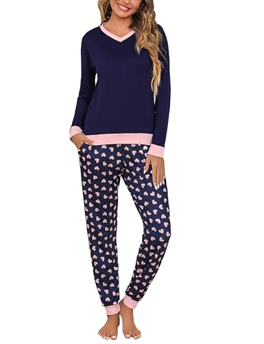 Aseniza Schlafanzug Damen Lang Pyjama Winter Set Langarm Baumwolle Zweiteilige Nachtwäsche Sterne Lovable Hausanzug Navyblau M von Aseniza