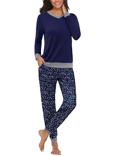 Aseniza Schlafanzug Damen Lang Pyjama Winter Set Langarm Baumwolle Zweiteilige Nachtwäsche Sterne Süß Sleepwear Blau XXL von Aseniza