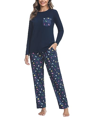 Aseniza Schlafanzug Damen Lang Pyjamas Baumwolle Zweiteiliger Nachtwäsche Lounge Set Langarm Hausanzug für Frauen mit Bündchen,Neu-Blau,S von Aseniza