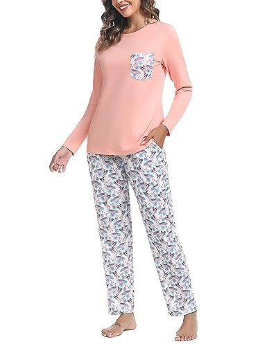 Aseniza Schlafanzug Damen Lang Pyjamas Baumwolle Zweiteiliger Nachtwäsche Lounge Set Langarm Hausanzug für Frauen mit Bündchen,Neu-Orange,L von Aseniza