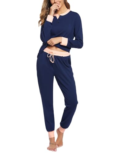 Aseniza Schlafanzug Damen Lang Pyjamas Baumwolle Zweiteiliger Nachtwäsche Lounge Set Langarm Hausanzug für Frauen mit Bündchen,A-Dunkelblau,XL von Aseniza