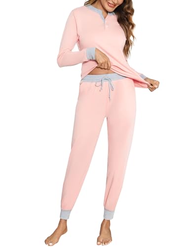 Aseniza Schlafanzug Damen Lang Pyjamas Baumwolle Zweiteiliger Nachtwäsche Lounge Set Langarm Hausanzug für Frauen mit Bündchen,A-Rosa,XL von Aseniza