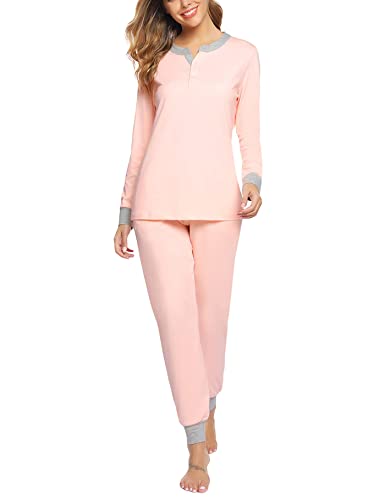 Aseniza Schlafanzug Damen Lang Pyjamas Baumwolle Zweiteiliger Nachtwäsche Lounge Set Langarm Hausanzug für Frauen mit Bündchen,A-Rosa,S von Aseniza