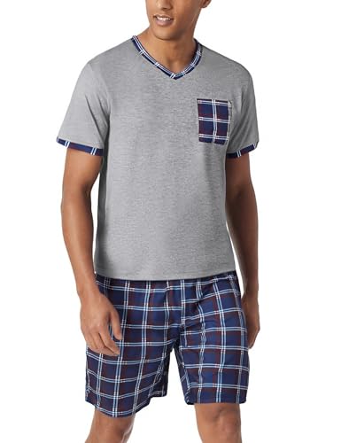Aseniza Herren Schlafanzug Kurz Baumwolle Sommer Pyjama V-Auschnitt Zweiteilige Pyjamas Nightwear Set mit Kurzarm T-Shirt und Karierter Schlafanzughose von Aseniza