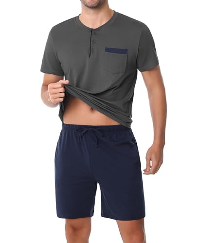 Aseniza Schlafanzug Herren Kurz Pyjama Baumwolle Brusttasche Sommer Shorty Pyjama mit T-Shirt und Kurzer Schlafanzughose,Dunkelgrau,M von Aseniza