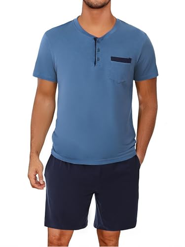 Aseniza Schlafanzug Herren Kurz Pyjama Baumwolle Knopfleiste Shorty Pyjama Zweiteilig Set mit T-Shirt und Pyjamahose,Blau,L von Aseniza