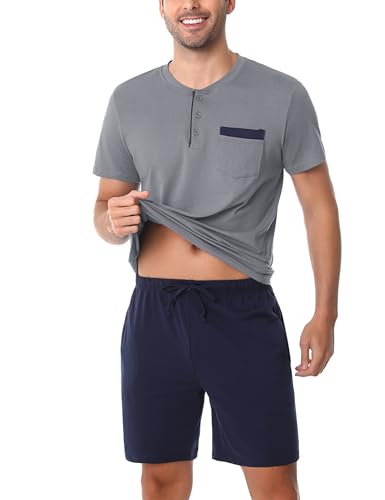 Aseniza Schlafanzug Herren Kurz Pyjama Baumwolle Knopfleiste Shorty Pyjama Zweiteilig Set mit T-Shirt und Pyjamahose,Neu-Blau,L von Aseniza