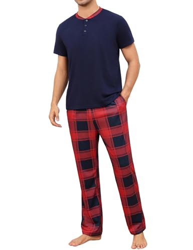 Aseniza Schlafanzug Herren Kurz Pyjama Baumwolle Knopfleiste Sommer Pyjama mit Kurzarmshirt und Pyjamahose für Männer von Aseniza