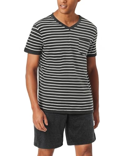 Aseniza Schlafanzug Herren Kurz Pyjama Set Baumwolle Kurzarm Sommer Nachtwäsche Shorty mit Geringeltem T-Shirt und Schlafanzughose für Männer Dunkelgrau，M von Aseniza