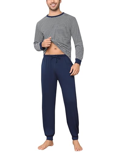 Aseniza Schlafanzug Herren Lang Baumwolle Bündchen Winter Pyjamas Streifen mit Langarmshirt und Schlafanzughose für Männer dunkelblau,XL von Aseniza