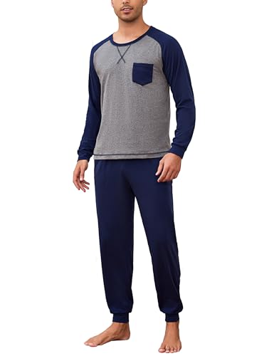Aseniza Schlafanzug Herren Lang Baumwolle Pyjama Set Winter Herrenschlafanzüge Langarm mit Pyjamahose für Männer Schlafzimmer Wohnzimmer Hotels Herbst Dunkelmeliert/Dunkelblau L von Aseniza