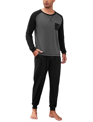 Aseniza Schlafanzug Herren Lang Baumwolle Pyjama Set Winter Nachtwäsche Herren-Schlafanzug Langarm Pyjamahose mit Taschen und Kordelzug für Männer Dunkelgrau/Schwarz L von Aseniza
