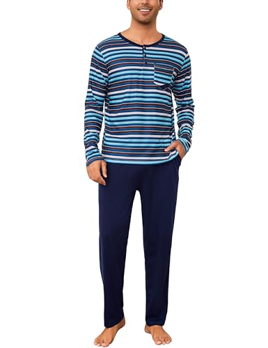Aseniza Schlafanzug Herren Lang Baumwolle Pyjama Winter Warmer Langarm Herrenschlafanzug Zweiteilige Nachtwäsche Vater B#Blau XXL von Aseniza