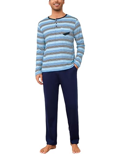 Aseniza Schlafanzug Herren Lang Baumwolle Pyjama Winter Warmer Langarm Herrenschlafanzug Zweiteilige Nachtwäsche Vater C#Blau XXL von Aseniza