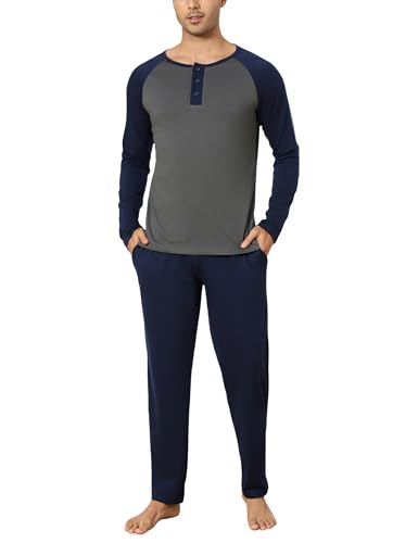 Aseniza Schlafanzug Herren Lang Pyjama 100% Baumwolle Knopfleiste Zweiteiliger Winter Pyjama mit Raglan Langarmshirt und Pyjamahose,Z-Grau,XL von Aseniza