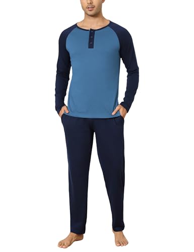 Aseniza Schlafanzug Herren Lang Pyjama 100% Baumwolle Knopfleiste Zweiteiliger Winter Pyjama mit Raglan Langarmshirt und Pyjamahose,Z-Hellblau,M von Aseniza