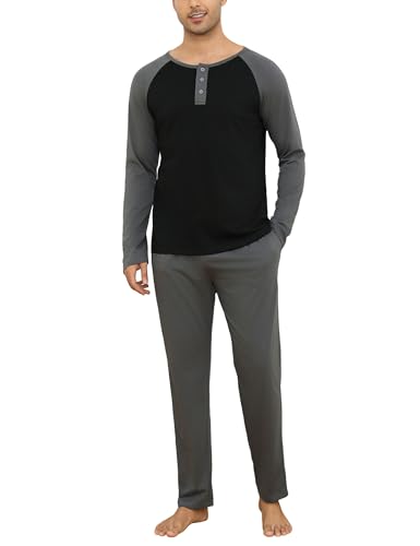 Aseniza Schlafanzug Herren Lang Pyjama 100% Baumwolle Knopfleiste Zweiteiliger Winter Pyjama mit Raglan Langarmshirt und Pyjamahose,Z-Schwarz,S von Aseniza