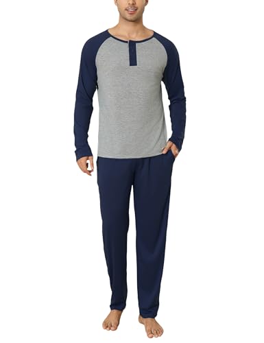 Aseniza Schlafanzug Herren Lang Pyjama 100% Baumwolle Knopfleiste Zweiteiliger Winter Pyjama mit Raglan Langarmshirt und Pyjamahose von Aseniza