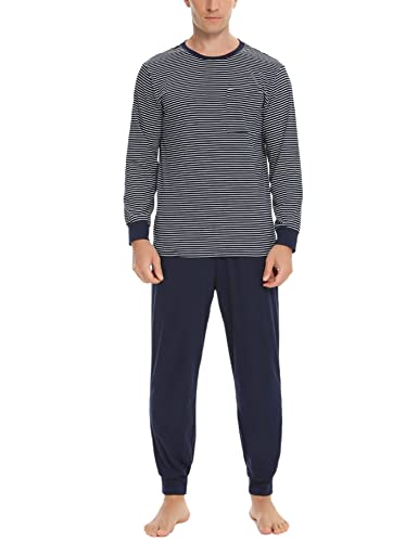 Aseniza Schlafanzug Herren Lang Baumwolle Bündchen Winter Pyjamas Streifen mit Langarmshirt und Schlafanzughose für Männer dunkelblau,XL von Aseniza
