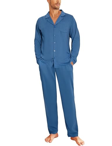 Aseniza Schlafanzug Herren Lang Pyjama Baumwolle Set Männer Nachtwäsche Geknöpft Langarm Blau XXL von Aseniza