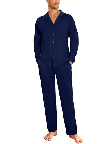 Aseniza Schlafanzug Herren Lang Pyjama Baumwolle Set Männer Nachtwäsche Langarm zum Knöpfen Navyblau XXL von Aseniza