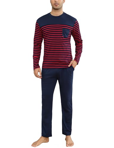 Aseniza Schlafanzug Herren Lang Pyjama Baumwolle Winter Pyjamas Gestreift Langarm Hausanzug Zweiteilige Schlafanzüge für Männer mit Elastischem Bund und Taschen von Aseniza