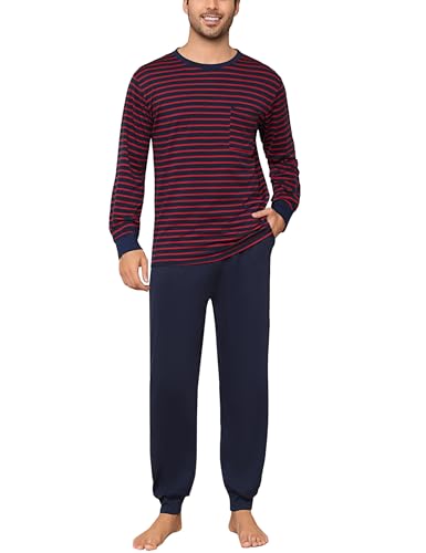 Aseniza Schlafanzug Herren Lang Pyjama Baumwolle Winter Pyjamas Gestreift Langarm Hausanzug Zweiteilige Schlafanzüge für Männer mit Elastischem Bund und Taschen von Aseniza