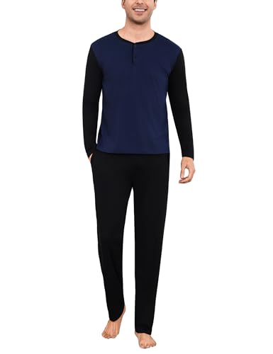 Aseniza Schlafanzug Herren Lang Pyjama Set Baumwolle Langarm Winter Schlafanzüge Zweiteiliger Pyjamahose für Männer Wärme Komfort Nachtwäsche Dunkelblau XXL von Aseniza